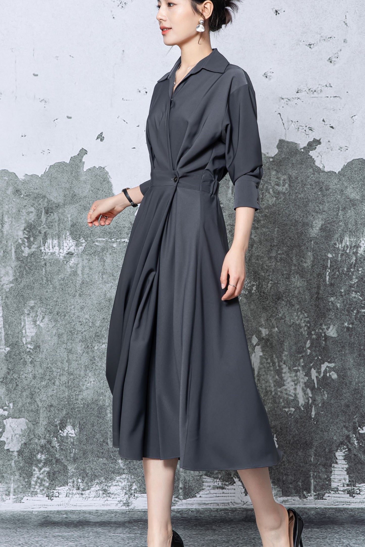 Gray Polyester Shirt Midi Dress - Pleated Flared Skirt c5471