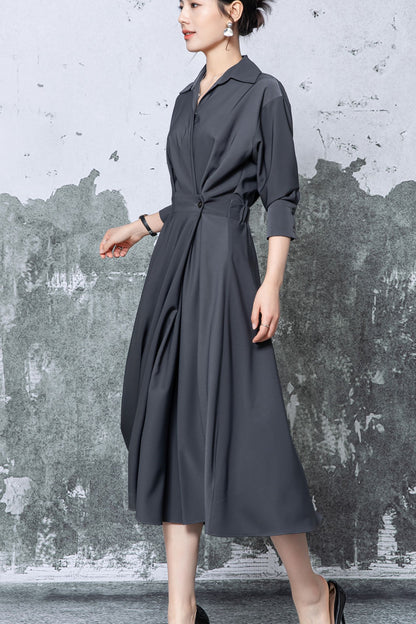 Gray Polyester Shirt Midi Dress - Pleated Flared Skirt c5471