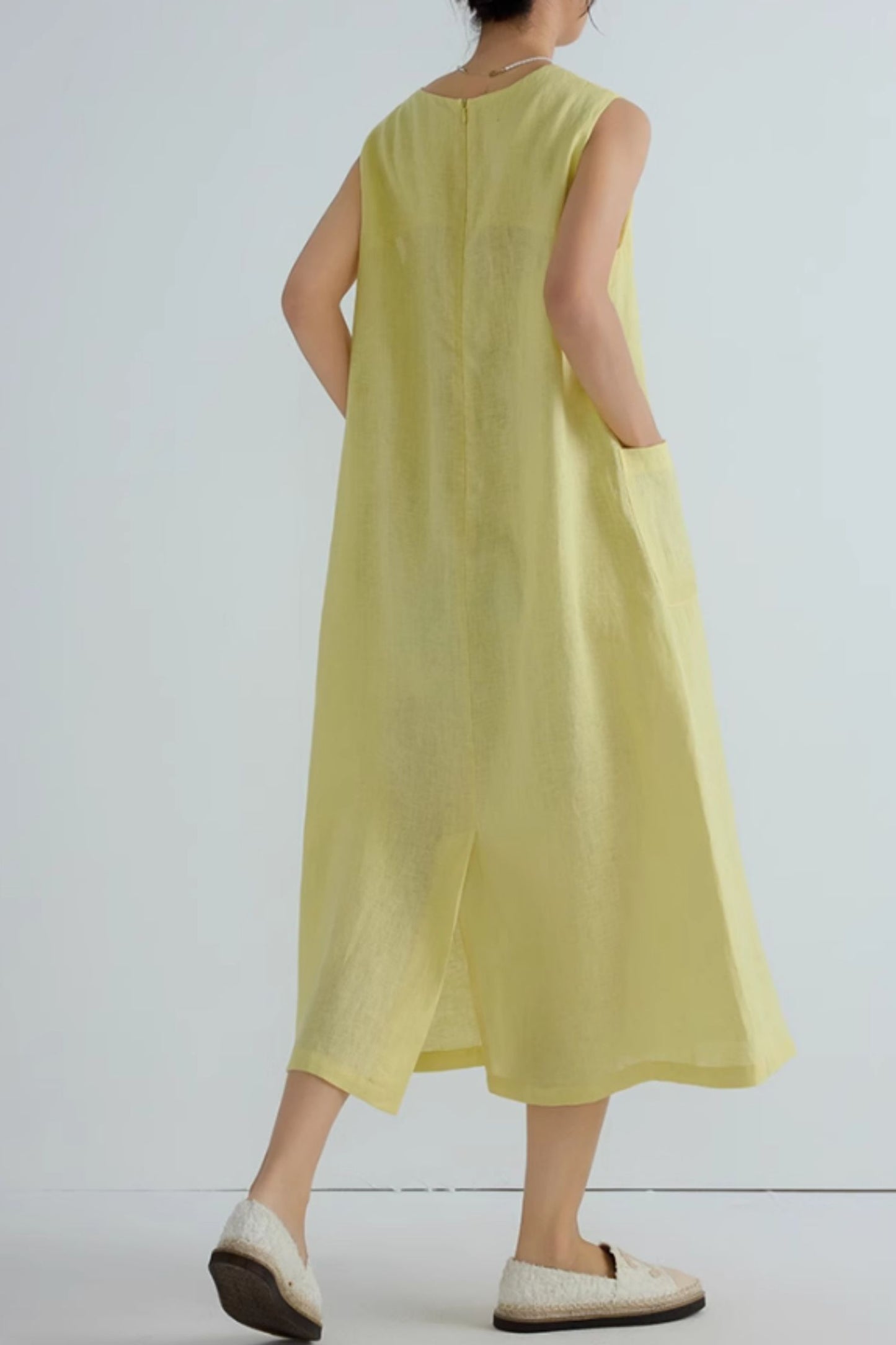 Loose fitting yellow summer linen dress C5066
