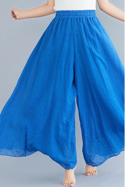 Dark Blue Cotton Linen Wide-Leg Pants - Elastic Waist, Lined TT0053