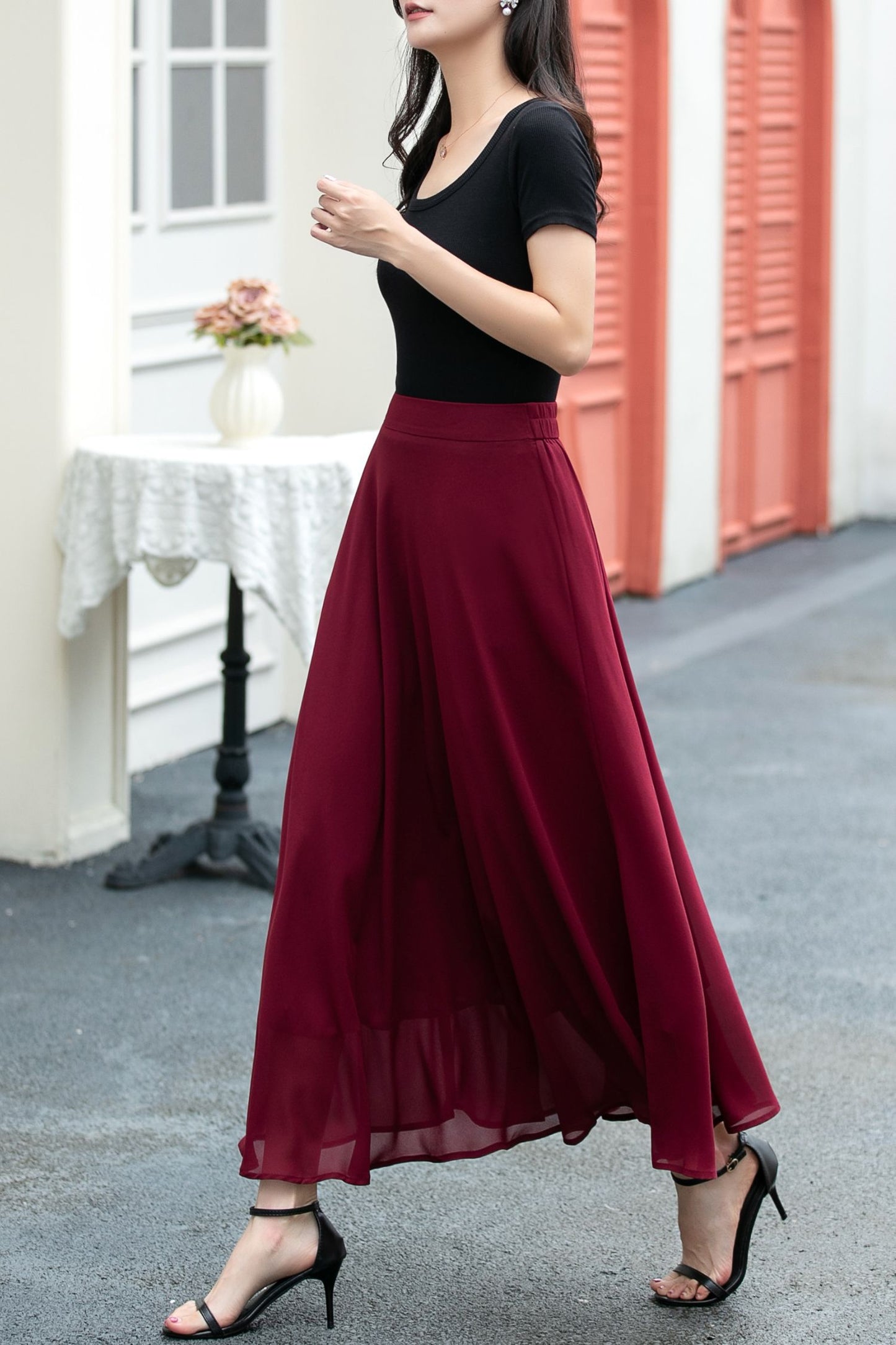 A line high waist long chiffon skirt C5037