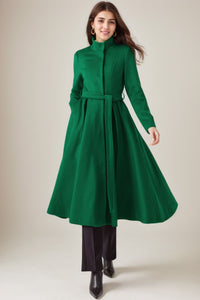 Green fit and flare long wool Coat C4331