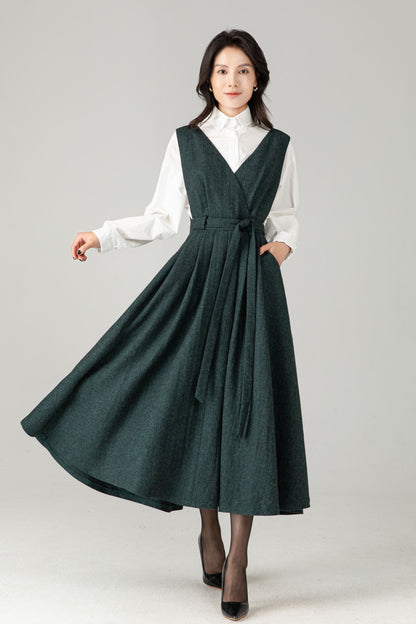 Dark Green Wool Blend Midi Pinafore Dress for Women – Sleeveless V-Neck Winter Jumper with Belt, Ylistyle C5339