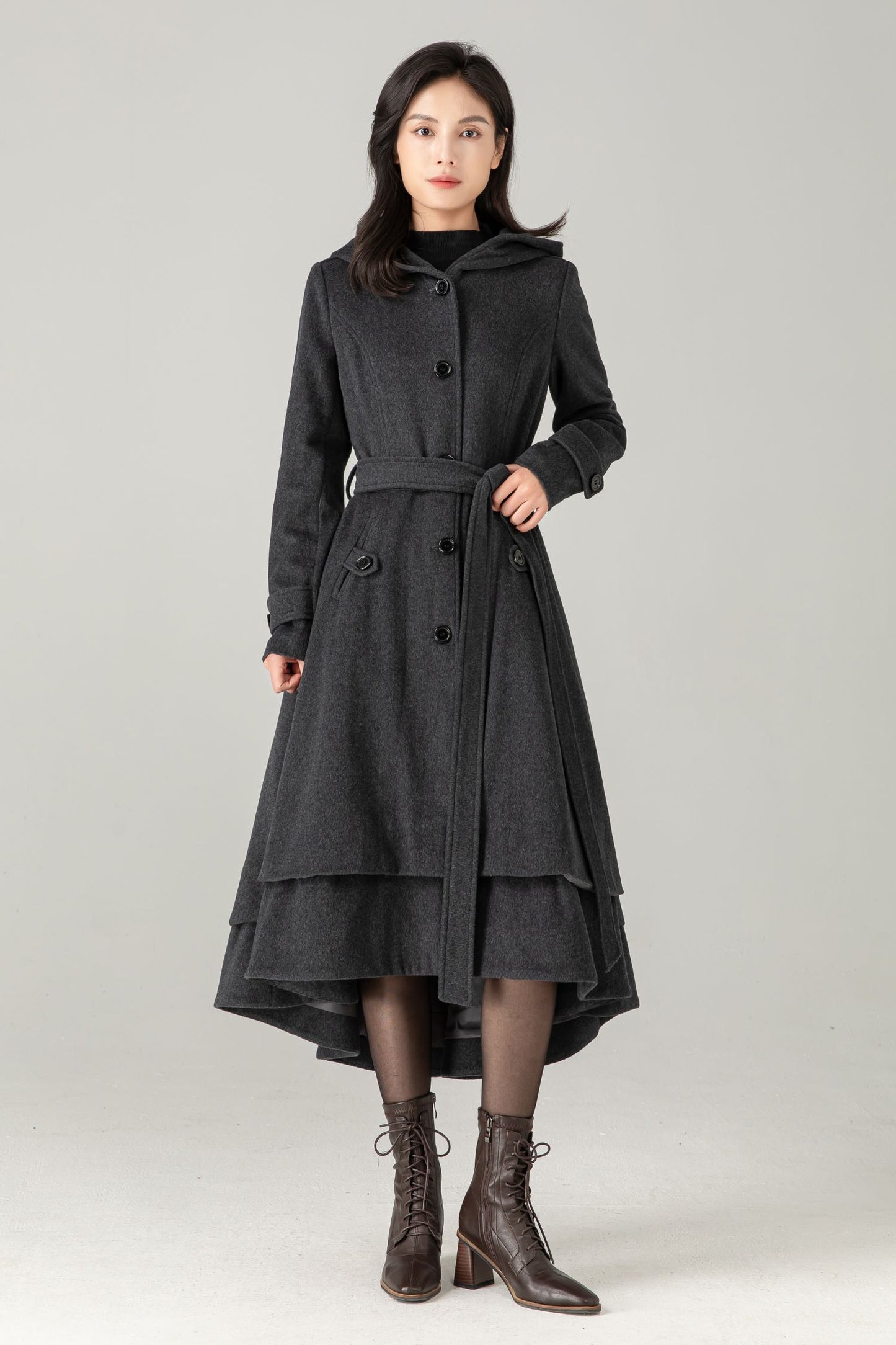 Gray Hooded Wool Blend Coat: Belted High-Low Maxi Swing Winter Overcoat, Ylistyle C5374