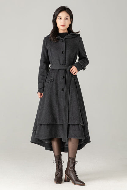 Gray Hooded Wool Blend Coat: Belted High-Low Maxi Swing Winter Overcoat, Ylistyle C5374