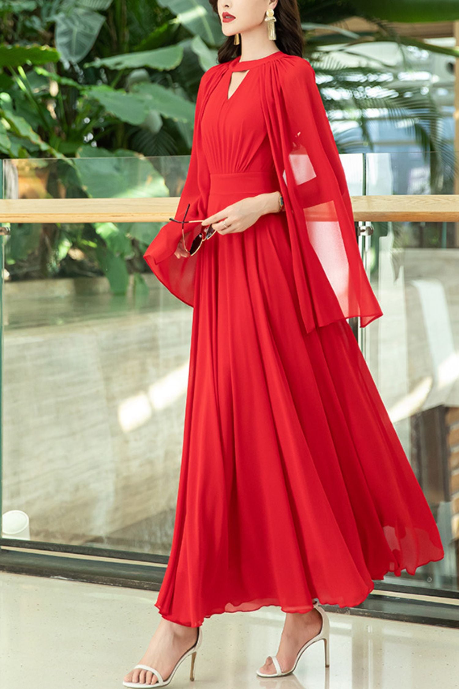 chiffon maxi dress red V Neck Red Chiffon Maxi Dress Red / Custom Size