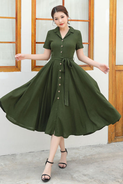 Green Linen Summer Shirt dress c4833