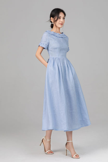 Light Blue Linen Midi Dress - Ruffle Neckline, Fit-and-Flare Silhouette c5518