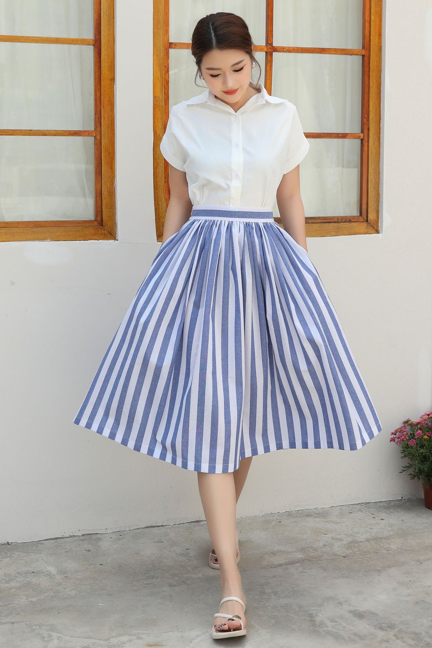 Striped linen Midi A-Line Skirt c4840