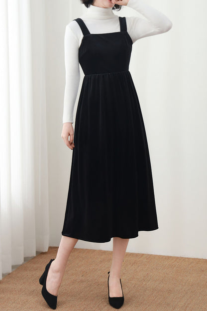 Black Velvet Midi Dress – Sleeveless A-Line Pinafore Dress with Square Neck, Autumn Winter Wear, Handmade, Ylistyle C5447