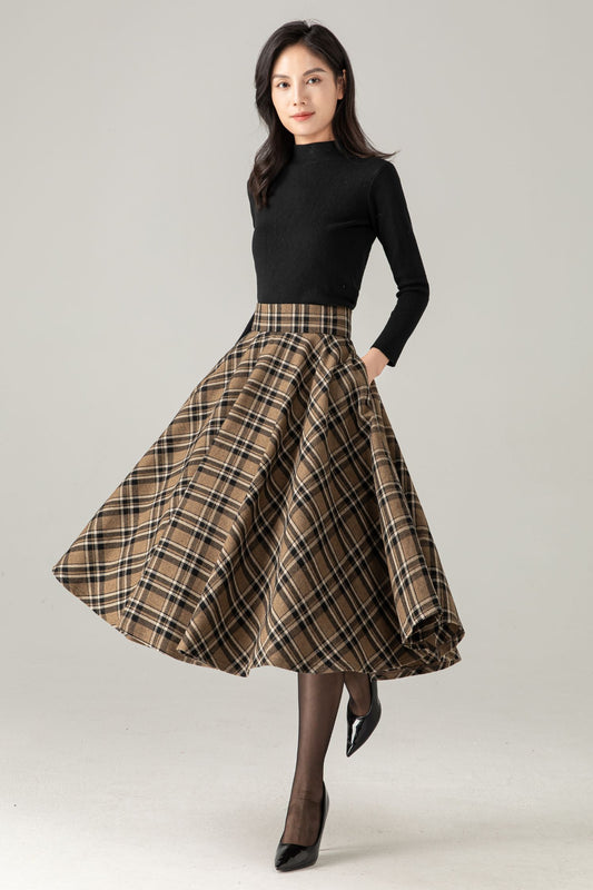 Wool Blend Plaid Midi Skirt : High Waist Swing Circle Skirt, Ylistyle C5375
