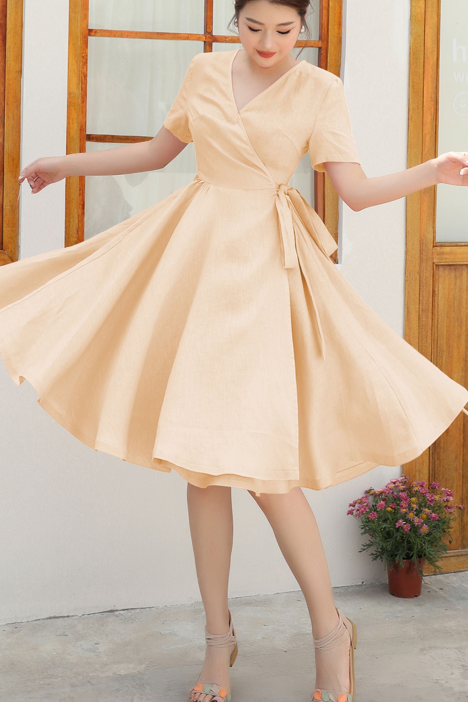 Peach Linen Cotton Midi Wrap Dress with Belted Waist