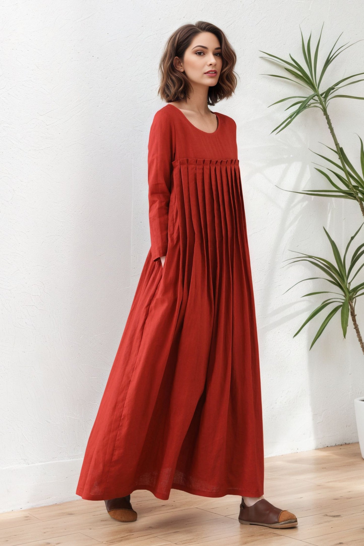 Women Brick Red Pleated Organic Linen dress C5419