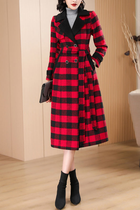 Women's Autumn and winter red plaid wool coat C4210