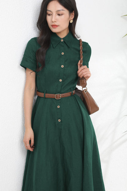 Dark Green Midi Linen Dress c4899