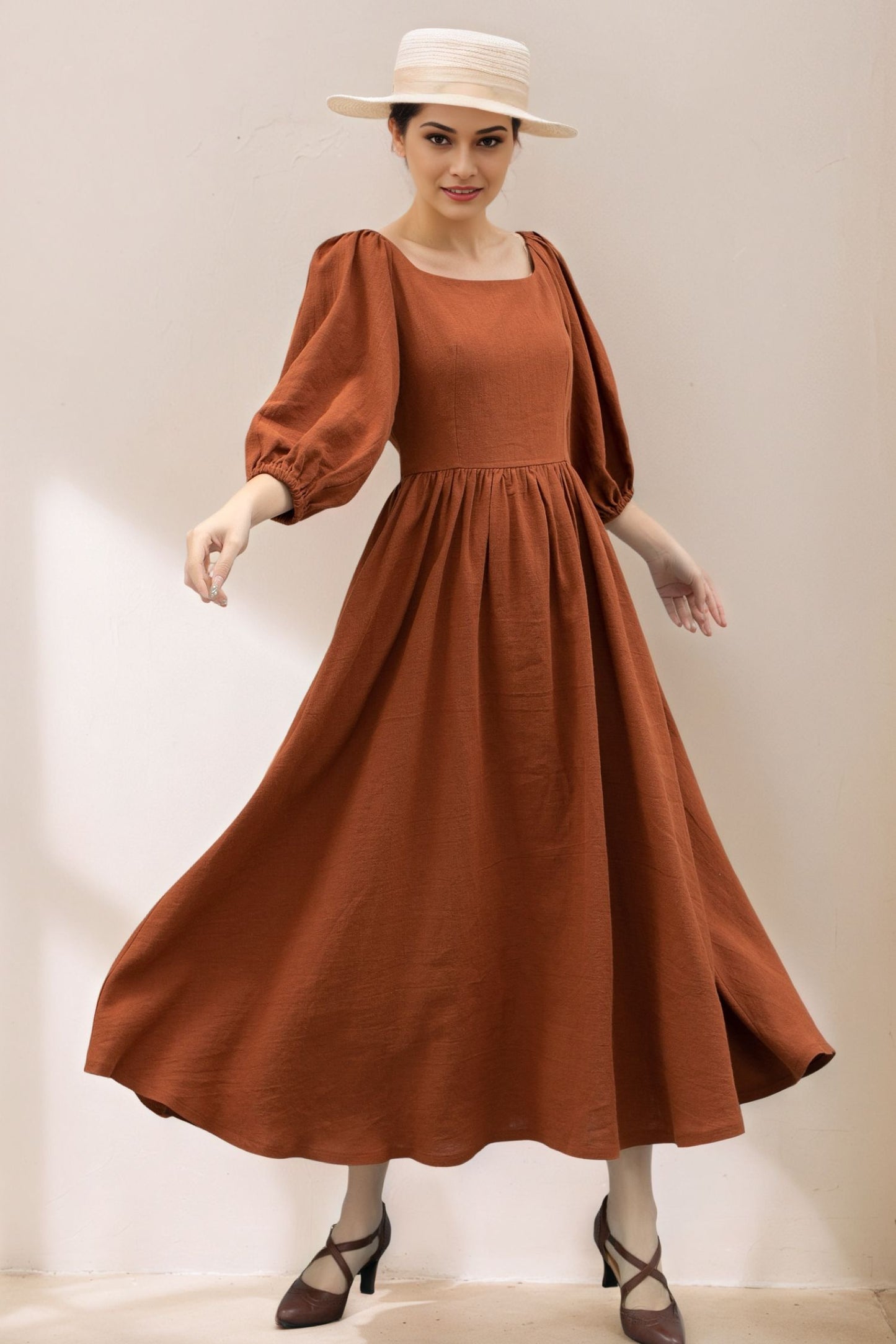 Puffy Sleeve womens long Linen Dress C5360
