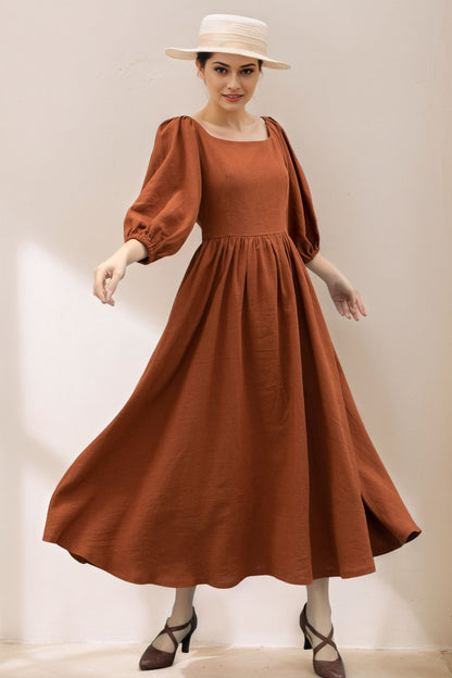 Puffy Sleeve womens long Linen Dress C5360