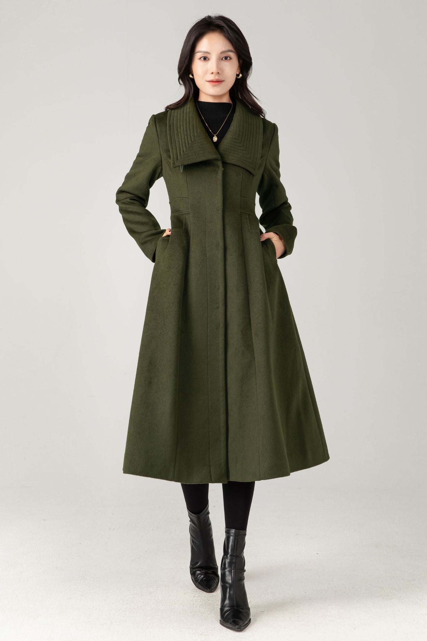 Army Green Wool Midi Coat: Women Tailored Winter Coat with Statement Collar C5335