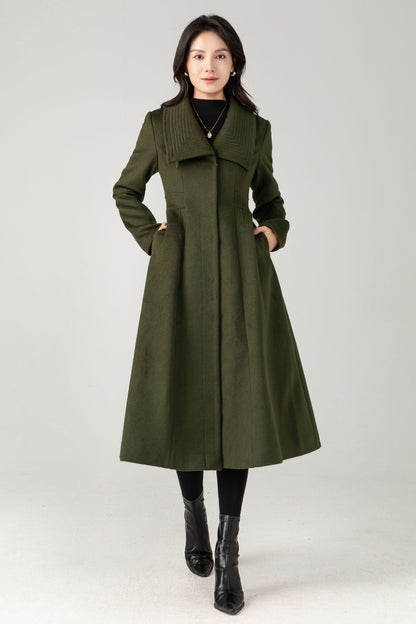 Army Green Wool Midi Coat: Women Tailored Winter Coat with Statement Collar C5335