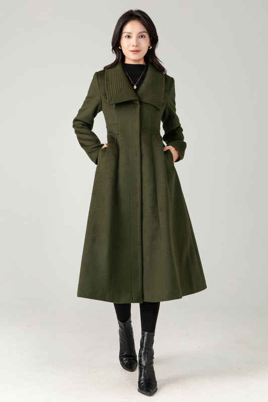 Army Green Wool Midi Coat: Women Tailored Winter Coat with Statement Collar C5335