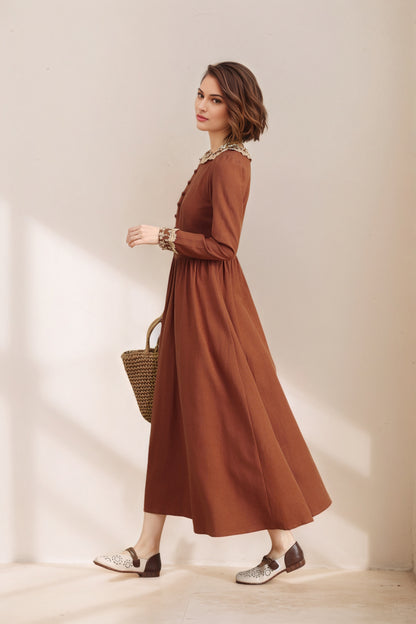 Vintage Regal Style Spring Rust Red Linen dress with Lace C5334