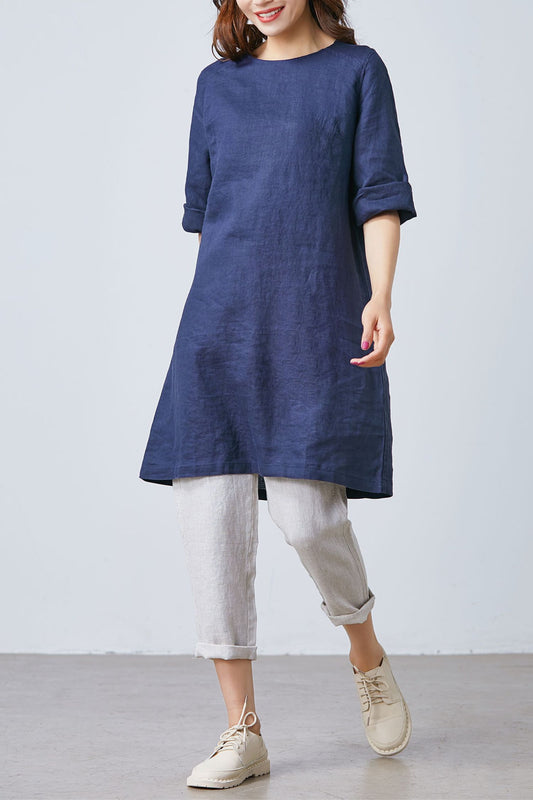 Navy Blue Simple Linen dress C1673