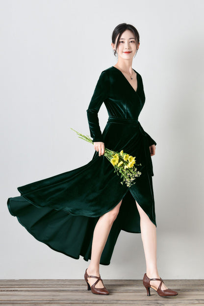 Long Velvet Wrap Dress with Belt C4695