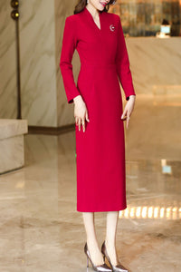 Women's Red Long Sleeves wool Dress C4171