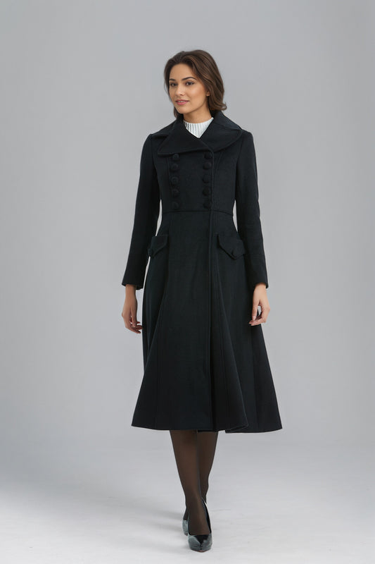 Vintage Black Midi Wool Coat for Winter-Women C5137