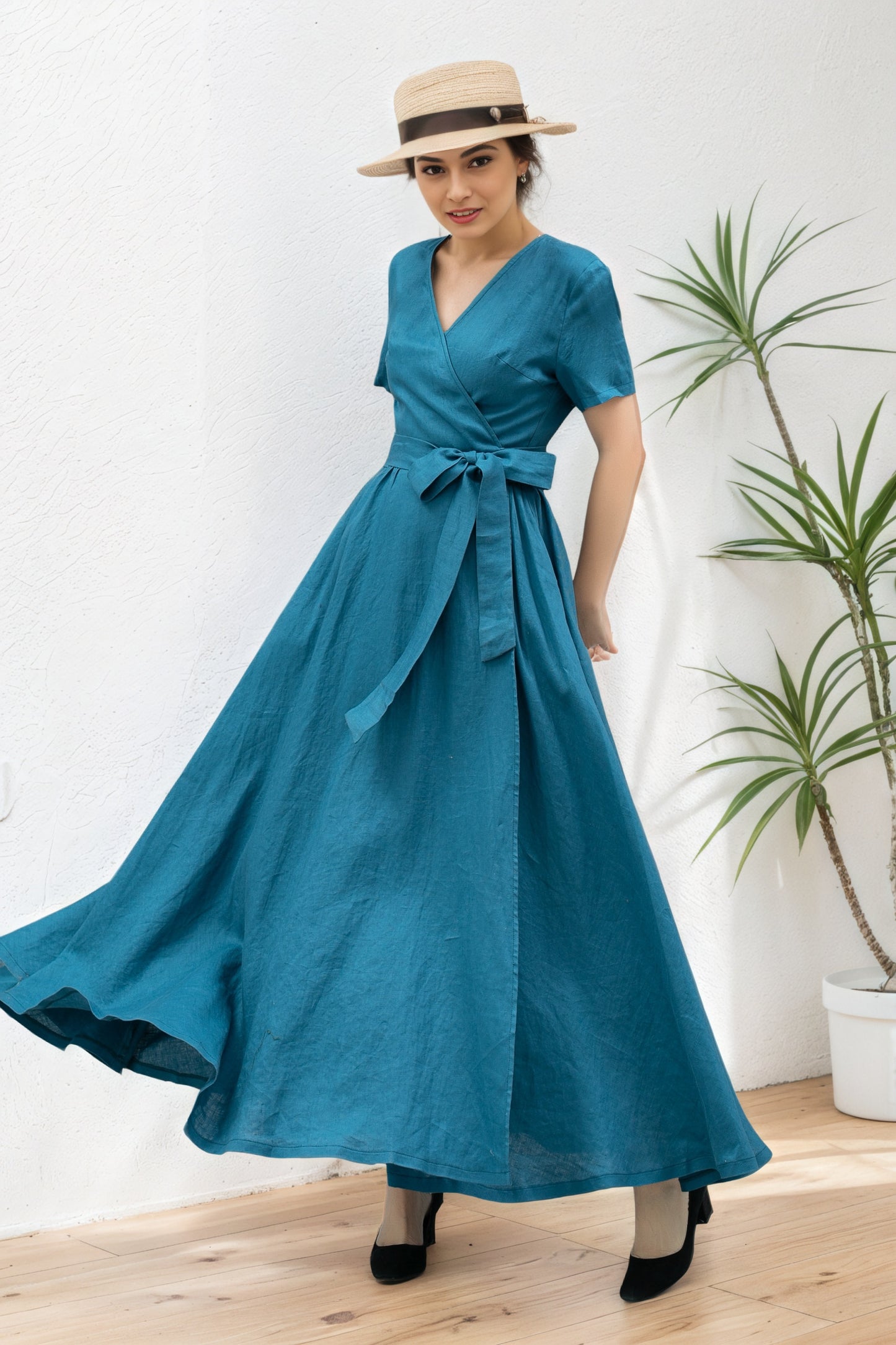 Womens long linen summer wrap dress C5365