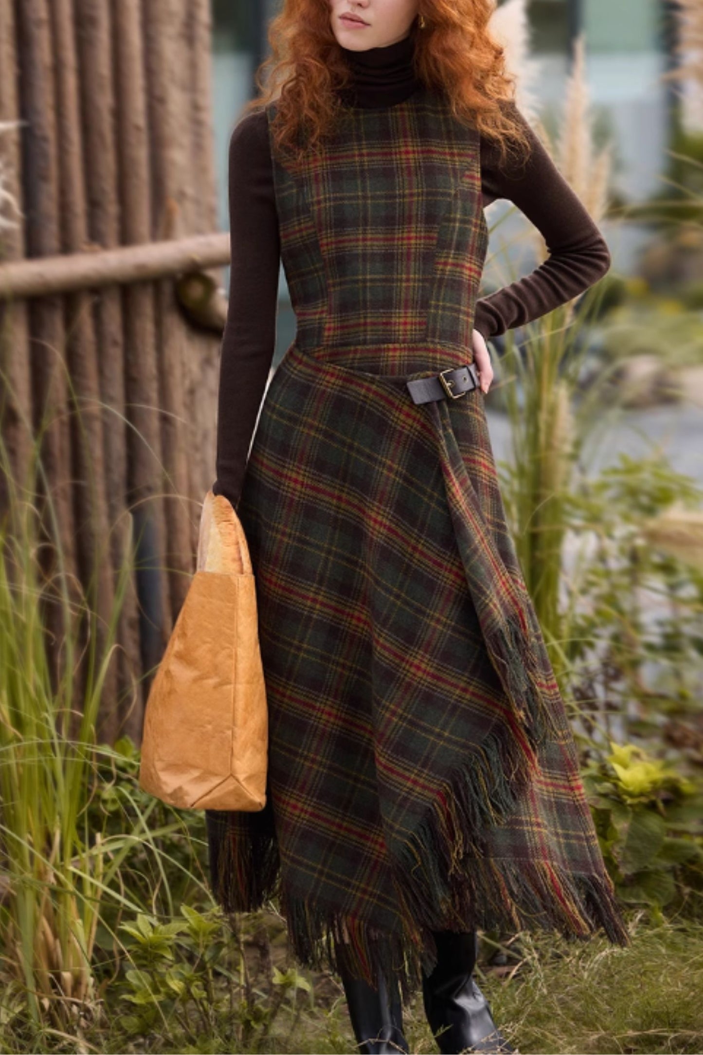 Sleeveless winter plaid wool dress women C5297