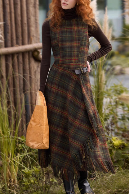 Sleeveless winter plaid wool dress women C5297