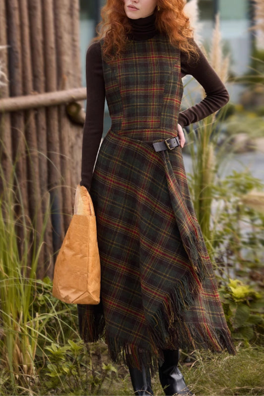 Sleeveless winter plaid wool dress women C5297