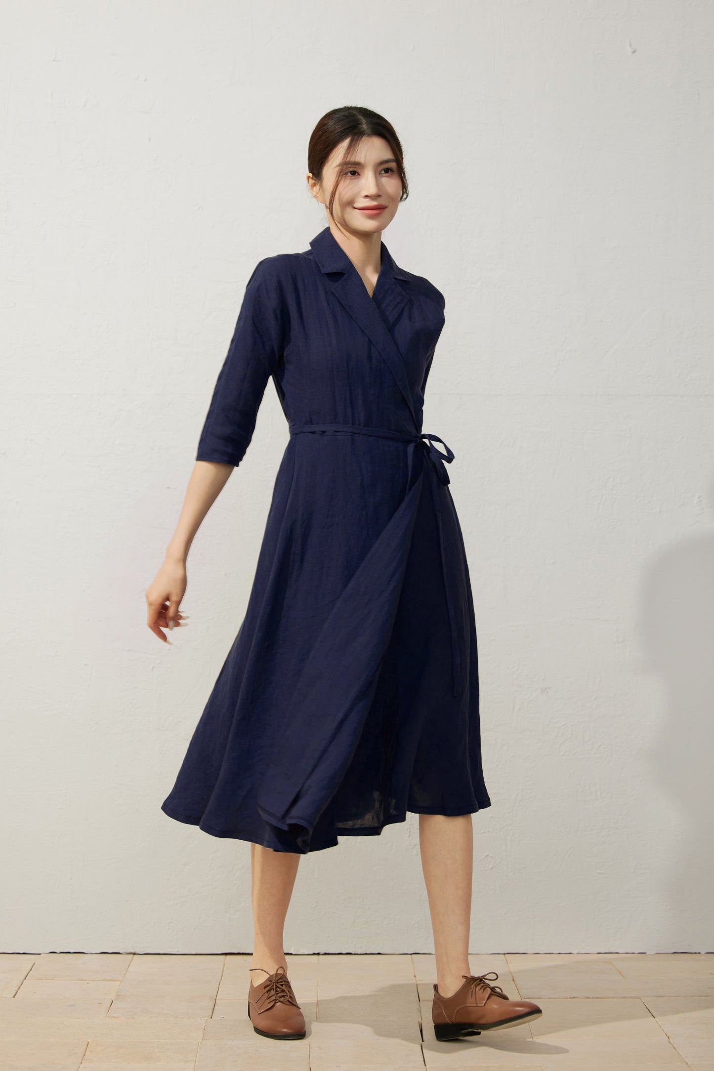 Elegant Navy Blue Linen Wrap Dress C5402
