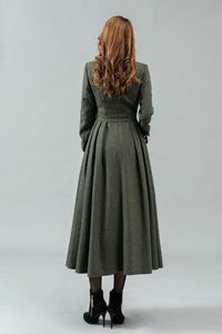 Button front army green winter wool dress C4441