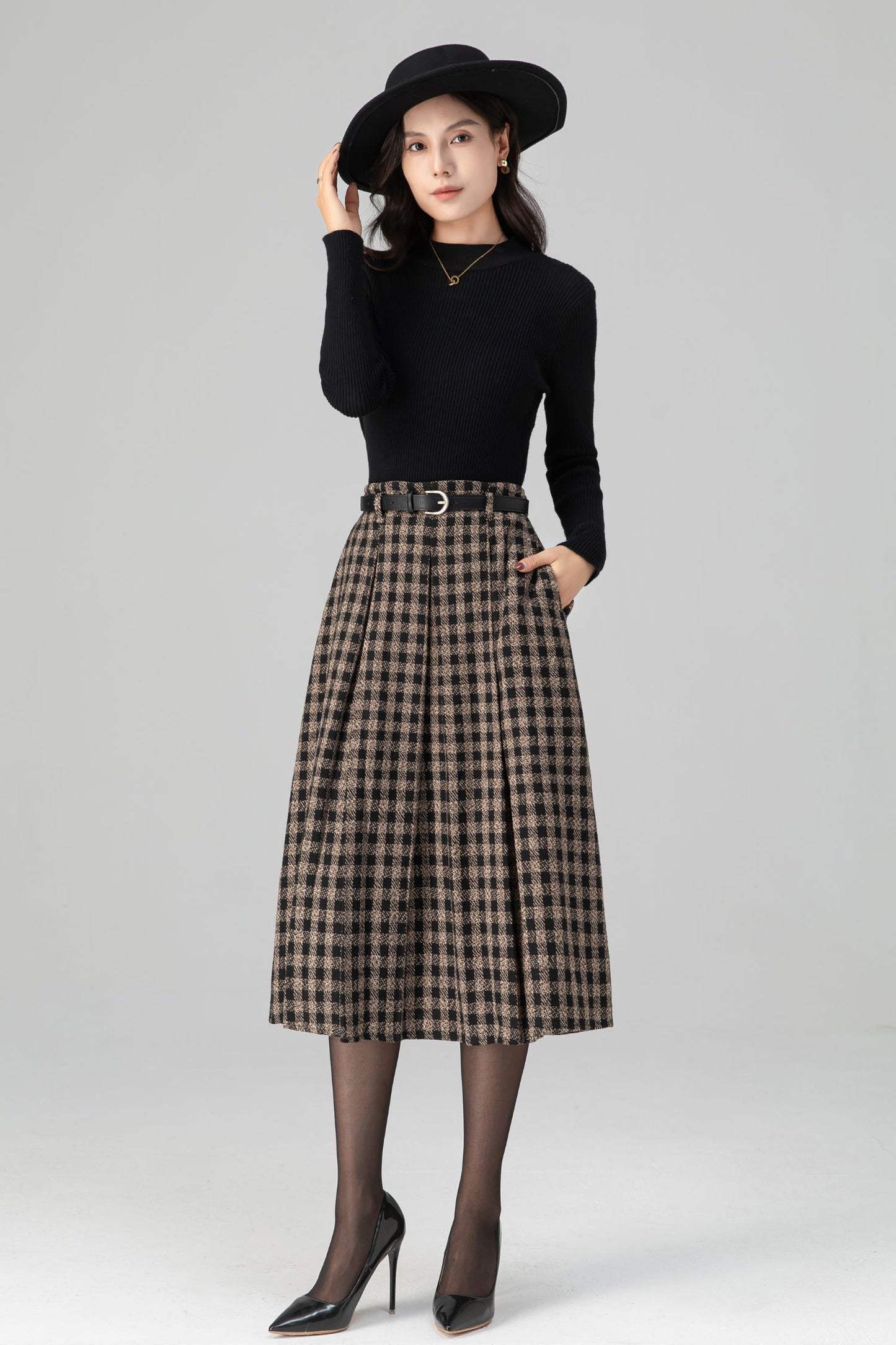 Vintage Pleated Midi Plaid Wool Skirt C5198