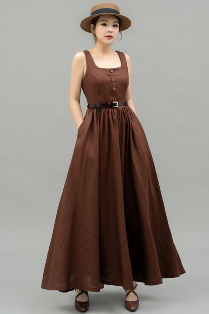 Brown linen Pinafore Maxi Dress C4746