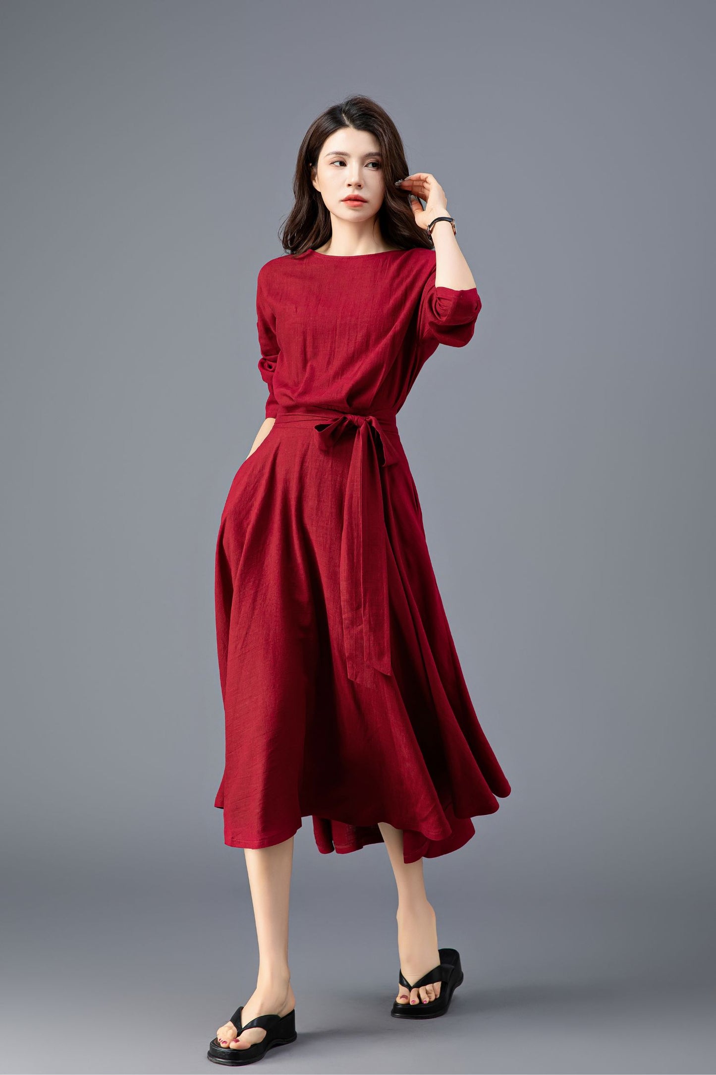 Women's Spring Burgundy Linen belted Dress C3909