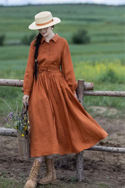 Orange long sleeves spring linen shirt dress women C5422