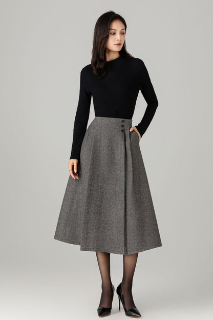 A line gray midi winter wool skirt C5277