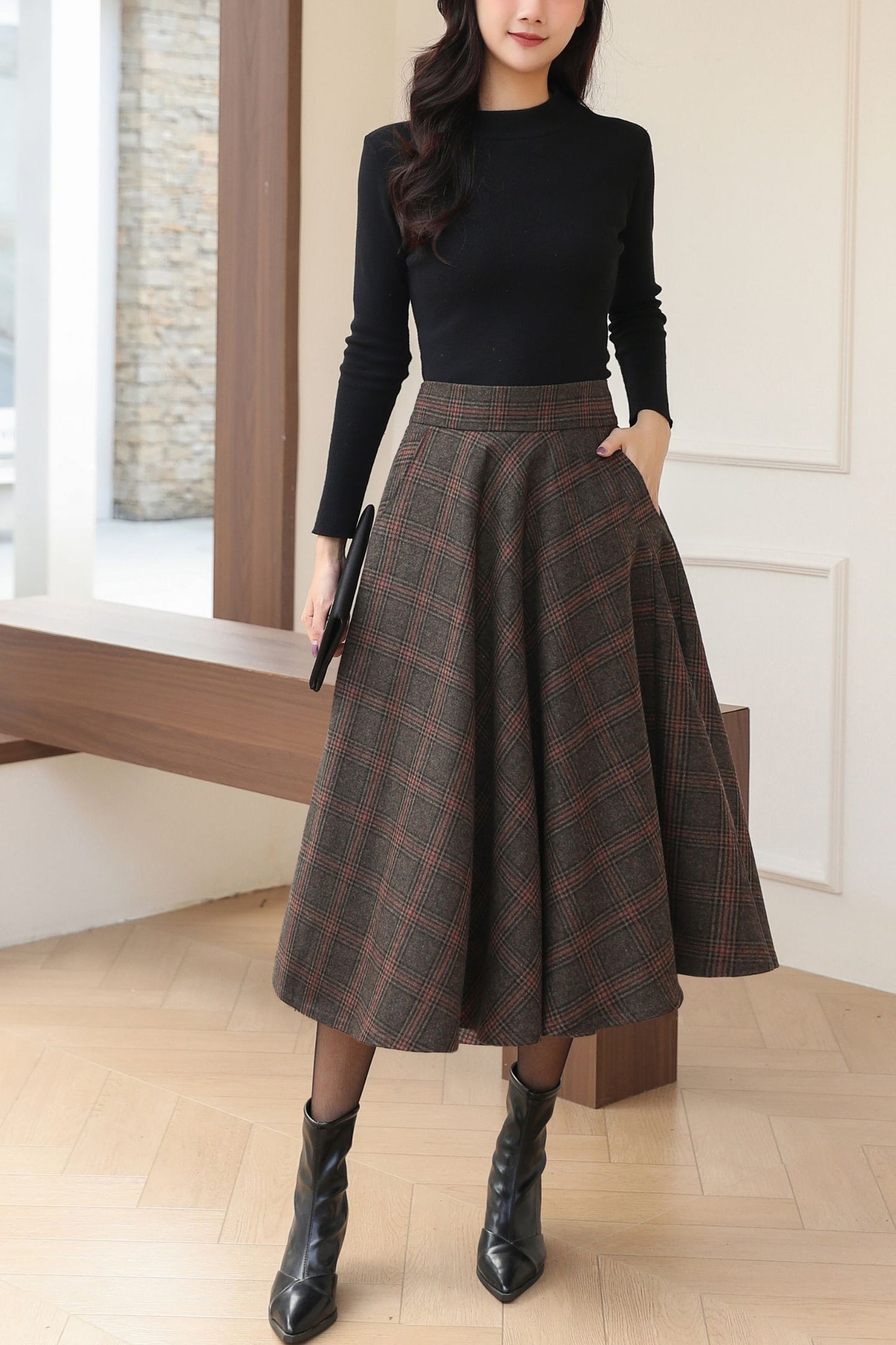 Classic A-Line Wool Plaid Skirt for Autumn Winter C5185