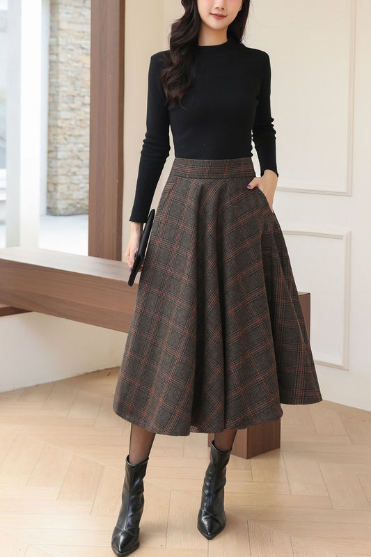 Classic A-Line Wool Plaid Skirt for Autumn Winter C5185