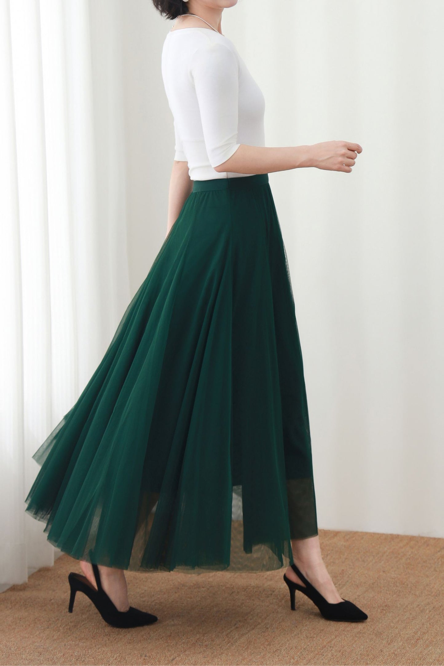 Dark Green Maxi Skirt: High Waist A-Line Long Tulle Skirt, Ylistyle C5448