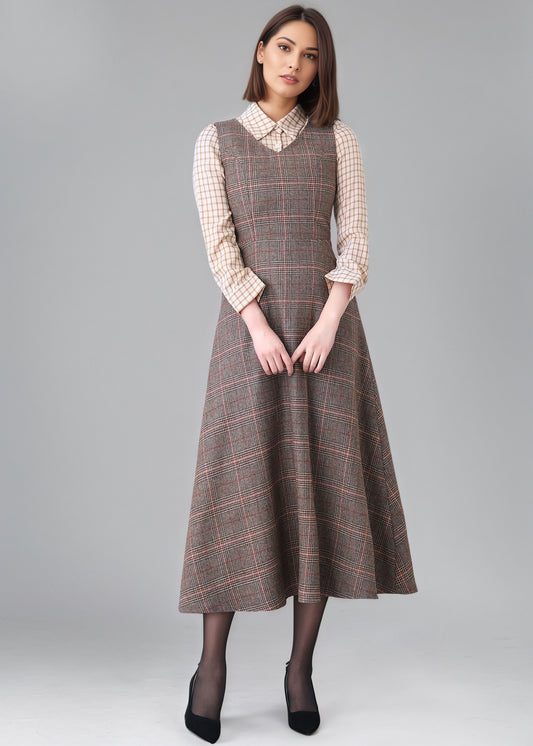 Winter Sleeveless Plaid Wool dress Women C5150