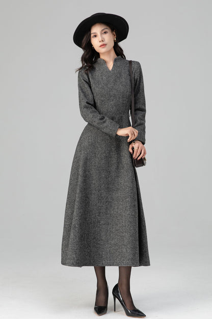Warm Grey Long Sleeves Wool Maxi Dress C5204
