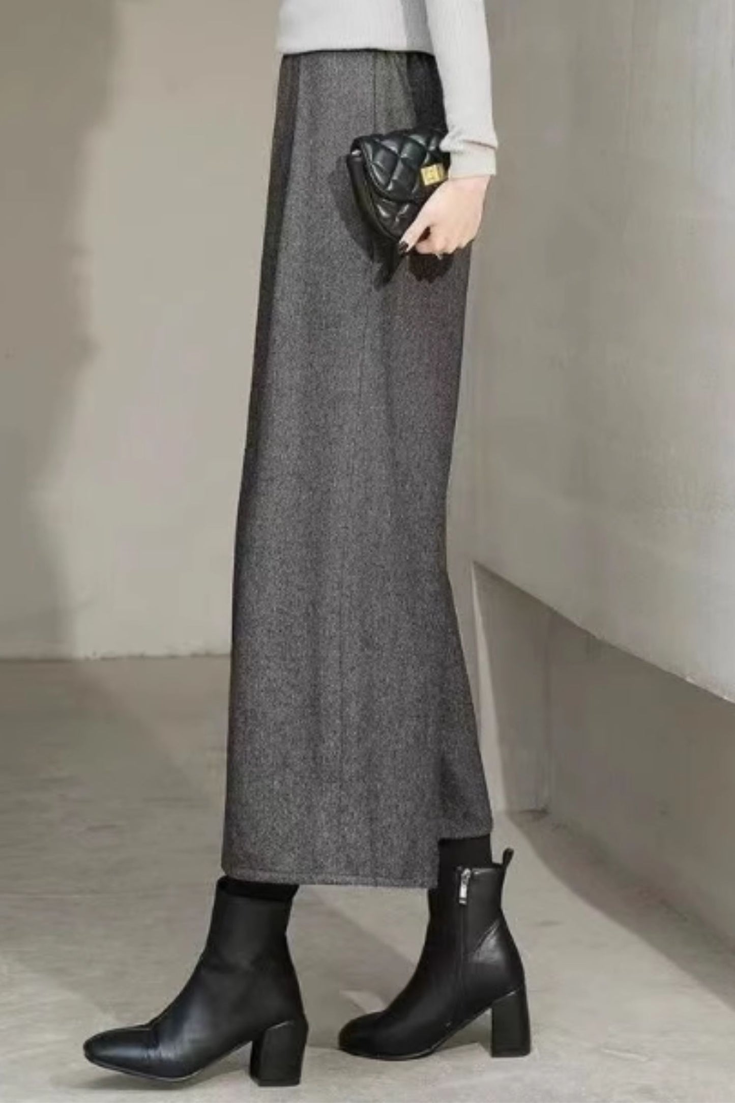 Wide leg midi gray wool pants women C5349