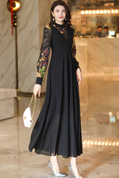 Fit and flare block color maxi chiffon dress C4929