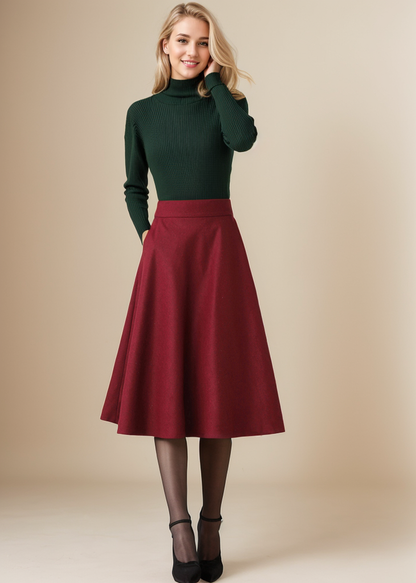 Women's Wine Red Midi Warm Winter Wool Skirt C4357