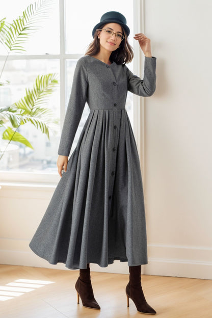 Midi Button Front Wool Dress C4319