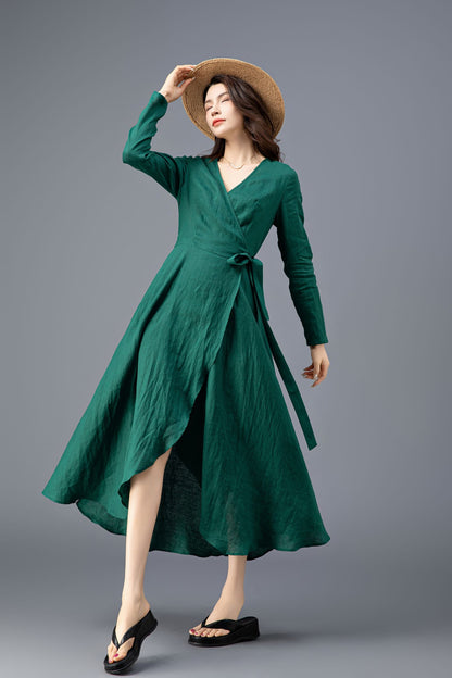 Women's Green Long Sleeves Linen Dress C3914